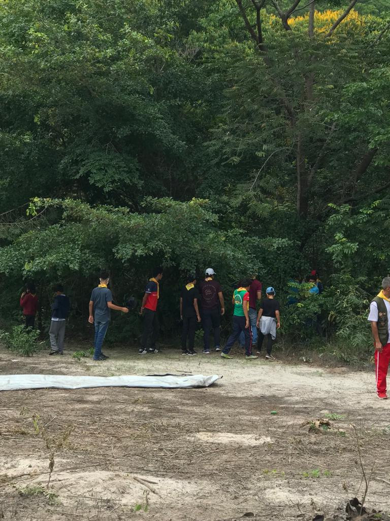 Grupo de desbravadores entrando na mata