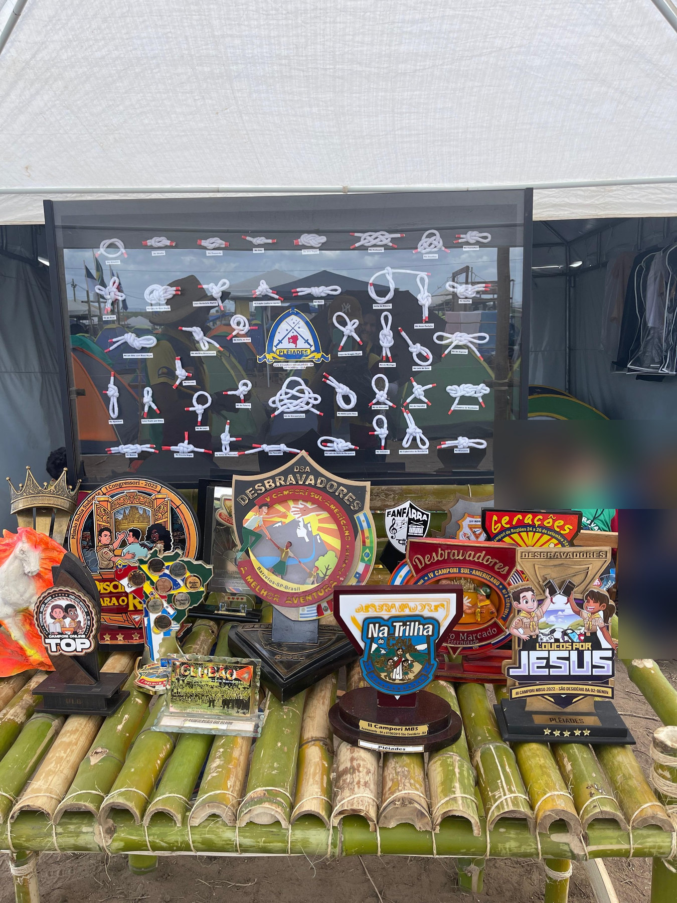 Mesa de bambu com troféus de Camporis e o quadro de nós do clube